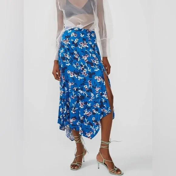ZARA Cobalt Blue Pastel Pink Floral Handkerchief Asymmetrical Midi Modest Skirt - Picture 2 of 16